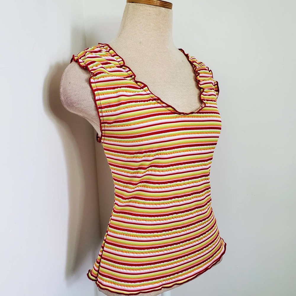 Vintage Stretch Striped Tank 7/9 Ruffle Y2K 90